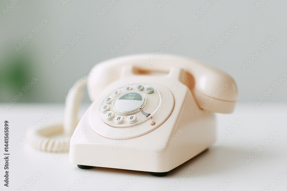 Poster retro rotary phone on white table with copy space minimalistic design emphasizes nostalgia and simpl