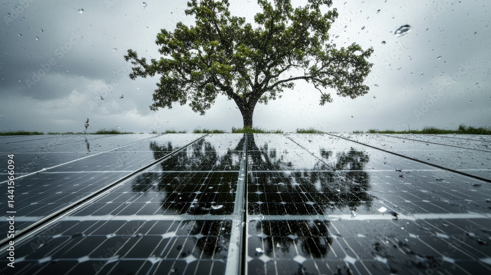 Poster a stunning image of solar panel array affected by hail, featuring cracked cells and tree reflection 