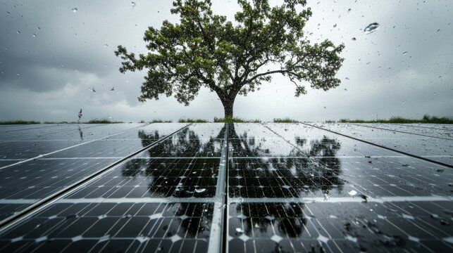 A stunning image of solar panel array affected by hail, featuring cracked cells and tree reflection beneath overcast skies, illustrating the susceptibility of energy systems to.