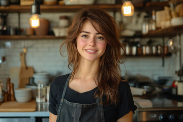 Woman in kitchen, smiling.
