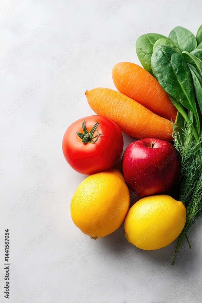 Poster show array of fresh colorful fruits and vegetables neatly arranged on clean white table