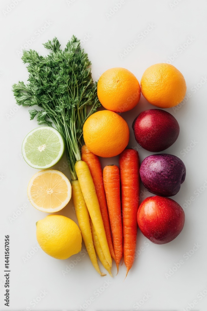 Poster show array of fresh colorful fruits and vegetables neatly arranged on clean white table