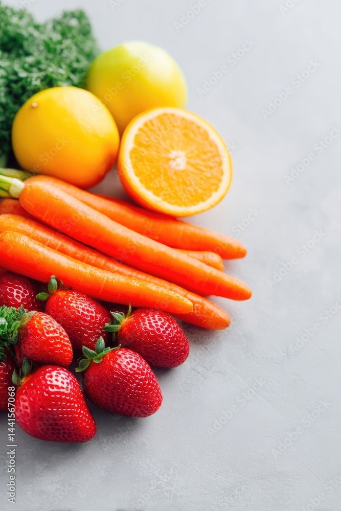 Poster show array of fresh colorful fruits and vegetables neatly arranged on clean white table