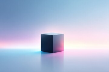 silhouette of single stark black cube casting shadow against soft pastel gradient symbolizing contrast and juxtaposition