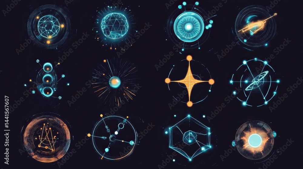 Poster futuristic hud elements sci fi interface design kit digital abstract neon glowing orange blue ui ux