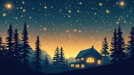 Fototapeta premium Starry Night Mountain Cabin: A Serene Winter Escape