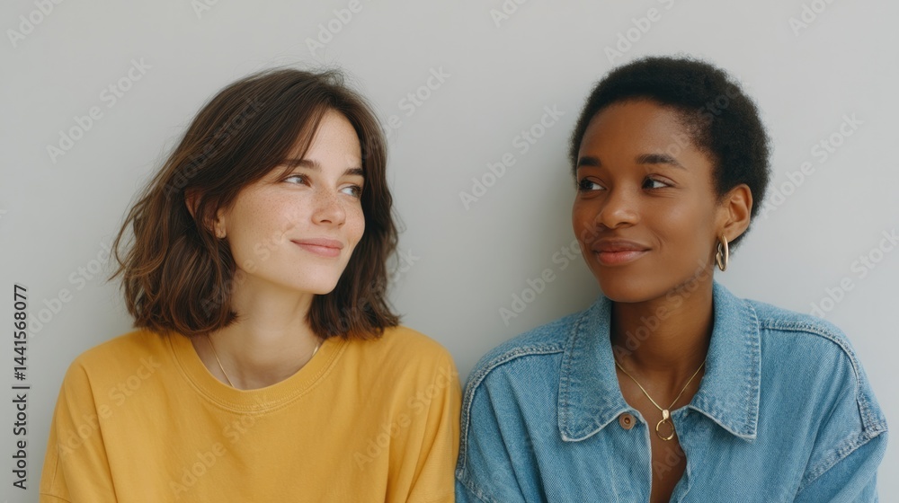 Poster two diverse individuals engage in thoughtful conversation in minimalistic setting surrounded by ampl