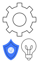 Gear symbol for productivity, shield with checkmark for security, and lightbulb for innovation. Ideal for technology, strategy, planning, creativity, safety, progress themes simple landing page