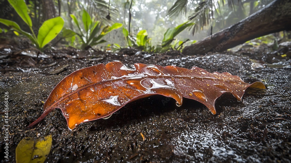 Poster a vibrant green leaf resting on the ground with rainwater collecting on its surface creating a refre