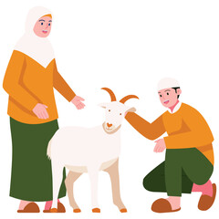 Eid Al-Adha Illustration. Vector illustration of A Muslim man and woman are interacting with a Qurban goat, symbolizing kindness and readiness for the religious sacrifice on Eid Al-Adha.