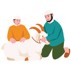 Eid Al-Adha Illustration. Vector illustration of  Two Muslim men gently handle a goat in preparation for the Qurban ritual during Eid Al-Adha, showing care and religious devotion before the sacrifice.