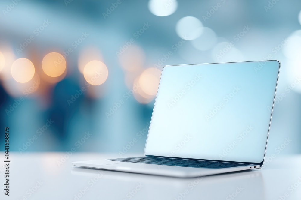 Poster blogger sits at sleek desk with blurred figures in background creating dynamic yet focused scene