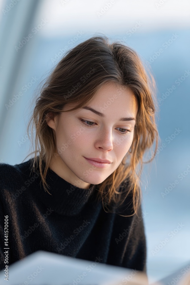 Poster focused individual reading book seated at minimalistic desk large window in background gently illumi