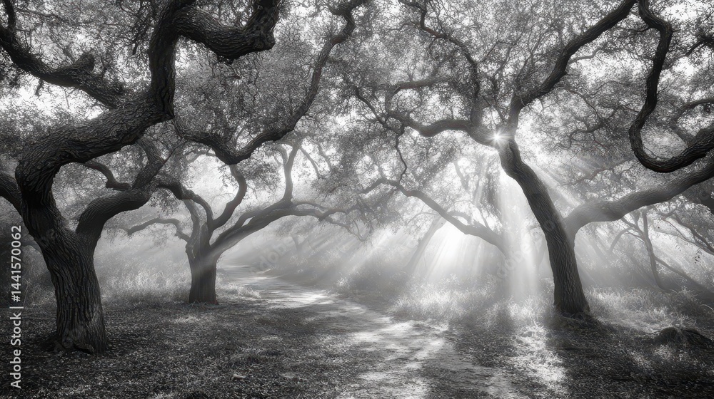 Poster gray-scale forest path illuminated by sunlight.