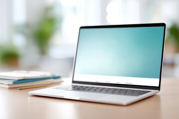 focused laptop screen displaying educational website with empty desk space in foreground while blurred figures of students