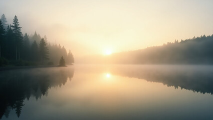 Fototapeta premium Serene Sunrise Over Misty Lake with Forest Reflections in Calm Water