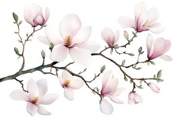 Obraz premium Magnolia flowers blooming on branch with watercolor painting style