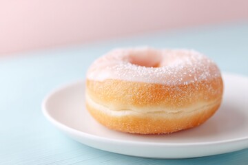 lone glazed donut rests on white plate positioned on pastel-colored surface