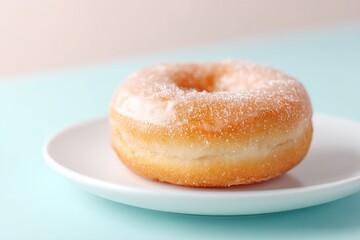 lone glazed donut rests on white plate positioned on pastel-colored surface