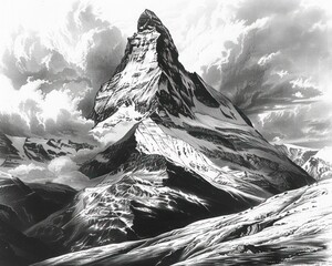 Dramatic high mountain peak covered with snow under a cloudy sky, showing rugged slopes and a sense of awe in a monochrome winter landscape