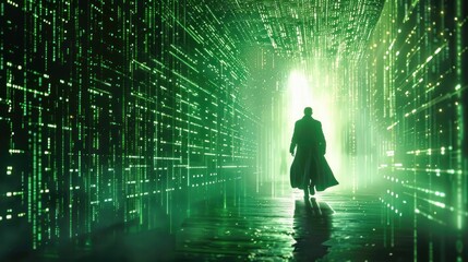 Silhouetted figure walking through a glowing green digital corridor filled with streams of light and data, evoking a futuristic and mysterious atmosphere