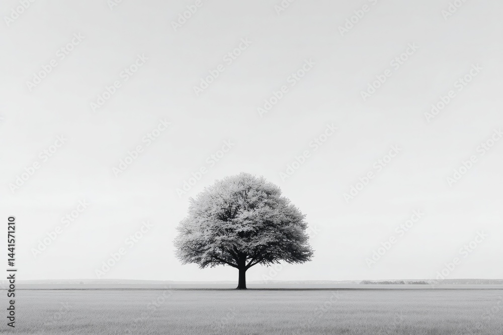 Poster minimalist view of single tree standing in vast open field surrounded by endless sky clean image emp