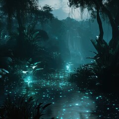 Enchanted Forest with Mist, Waterfall, and Glowing Flora at Night