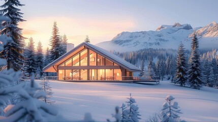 Cozy wooden cabin with large windows glowing warmly at sunset, surrounded by snow-covered pine trees and a serene snowy mountain landscape under a soft pastel sky