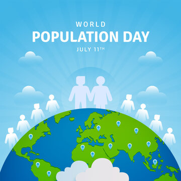 World Population Day July 11th with human silhouette globe and pinned map illustration on sun burst background