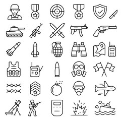 Military, war line icon set. Vector pictograms of soldier, weapon, defense equipment, tank, missiles, grenade, combat gear, battlefield thin linear illustration.