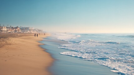 serene beachscape with blurred silhouettes of sunbathers in background emphasizing relaxation