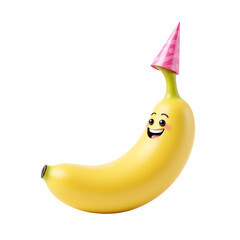 Happy banana wearing a party hat, white isolated.