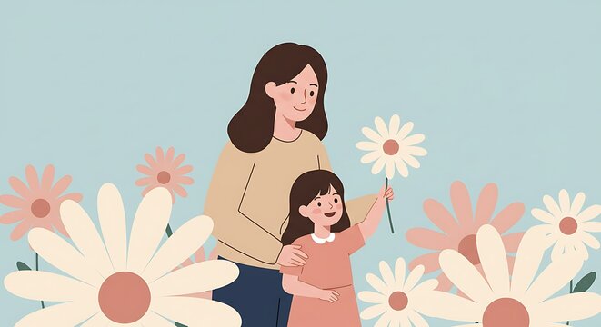 A tender moment between a mother and daughter in a field of daisies - Powered by Adobe