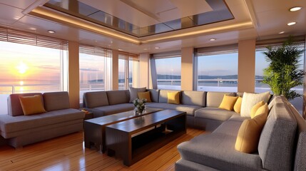 Fototapeta premium Spacious modern living room with coastal view.