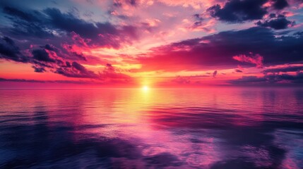 Obraz premium Fiery Sunset over Serene Ocean: A breathtaking panorama of vibrant colors painting the sky and sea during a majestic sunset.