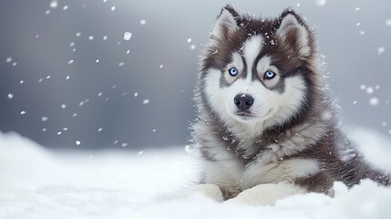 Adorable husky puppy in winter wonderland