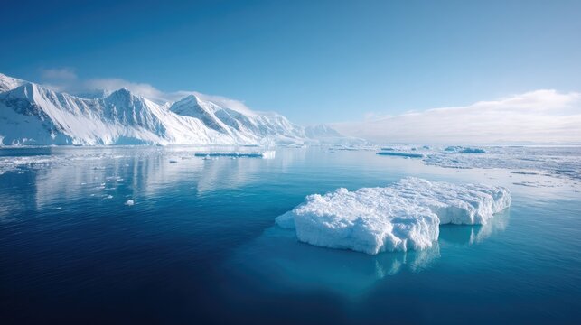 tranquil snowy landscape featuring isolated icebergs floating in vast arctic or antarctic ocean