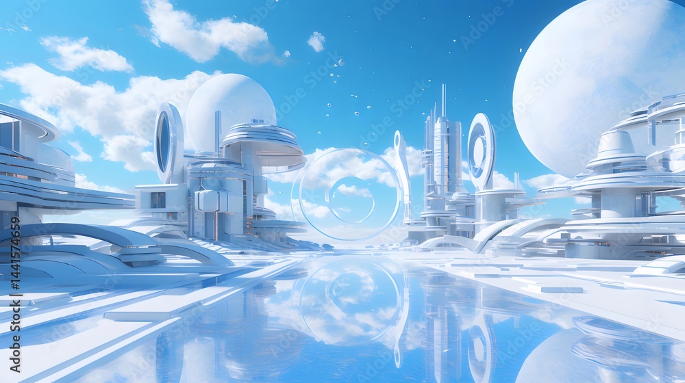 Poster 青い空の下の未来都市 白い建物と水面の美しい風景 幾何学的なデザインとデジタルアート