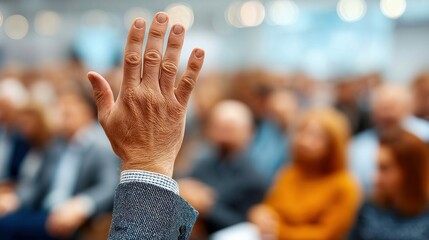 A hand raised during a meeting or conference, suggesting participation or a question.
