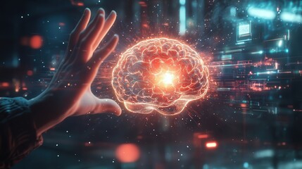 A hand reaches out to touch a glowing brain in a digital world of technology and innovation.