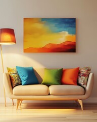 Cozy Living Room with Abstract Art: A beige sofa with colorful throw pillows sits in a sunlit living room, adorned with a vibrant abstract landscape painting. The warm.