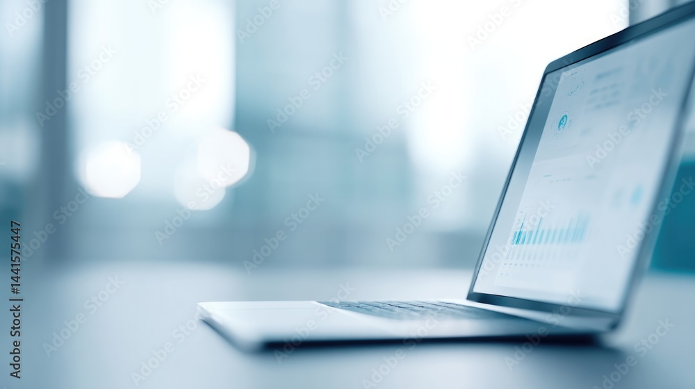 Poster close-up of modern business workspace featuring minimalist laptop display showcasing artificial inte