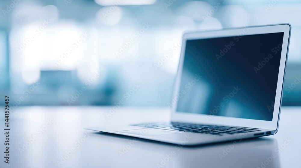 Poster close-up of modern business workspace featuring minimalist laptop display showcasing artificial inte
