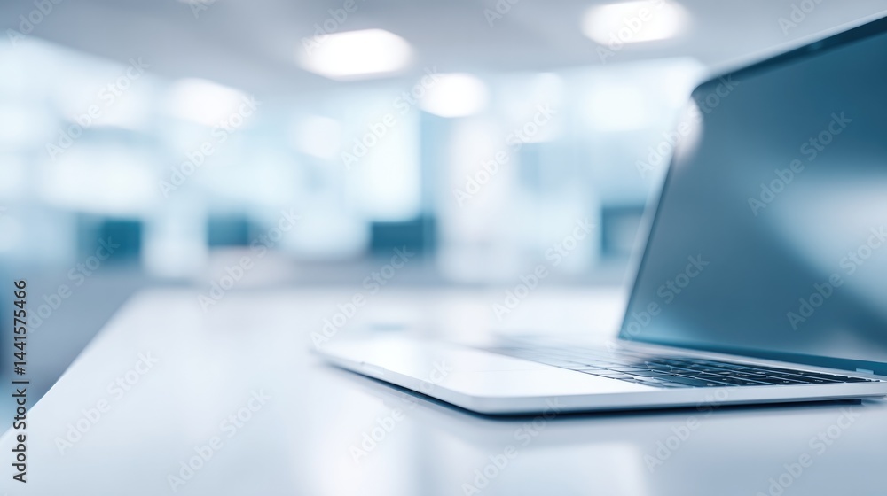 Poster close-up of modern business workspace featuring minimalist laptop display showcasing artificial inte