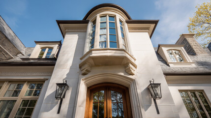 Elegant stone mansion facade with large bay windows, arched entryway, and decorative outdoor lanterns under a clear blue sky.
