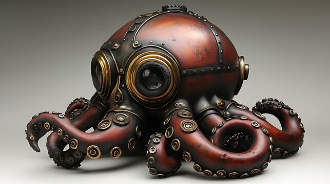 Steampunk octopus sculpture on neutral background.  Possible use Home decor, art display