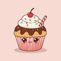 Cute cupcake with cherry and sprinkles on pink background, suitable for children's books, stickers and digital content