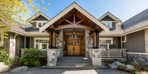 Fototapeta premium A rustic house entrance with stone pillars, wooden beams, and a welcoming porch surrounded by greenery under a clear blue sky.
