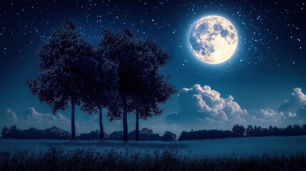 A serene night sky filled with stars and a bright full moon over a peaceful landscape with trees.