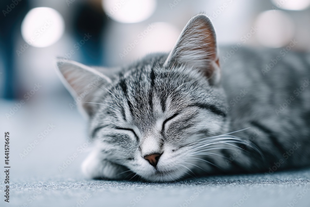 Poster minimalistic image of cat lounging peacefully with blurred people in background to emphasize tranqui